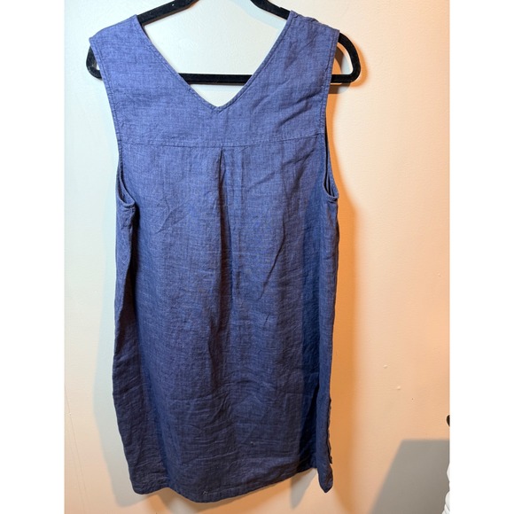 Tahari Women's Navy Blue Linen Sleeveless V Neck Dress XL Button Side - Picture 5 of 7